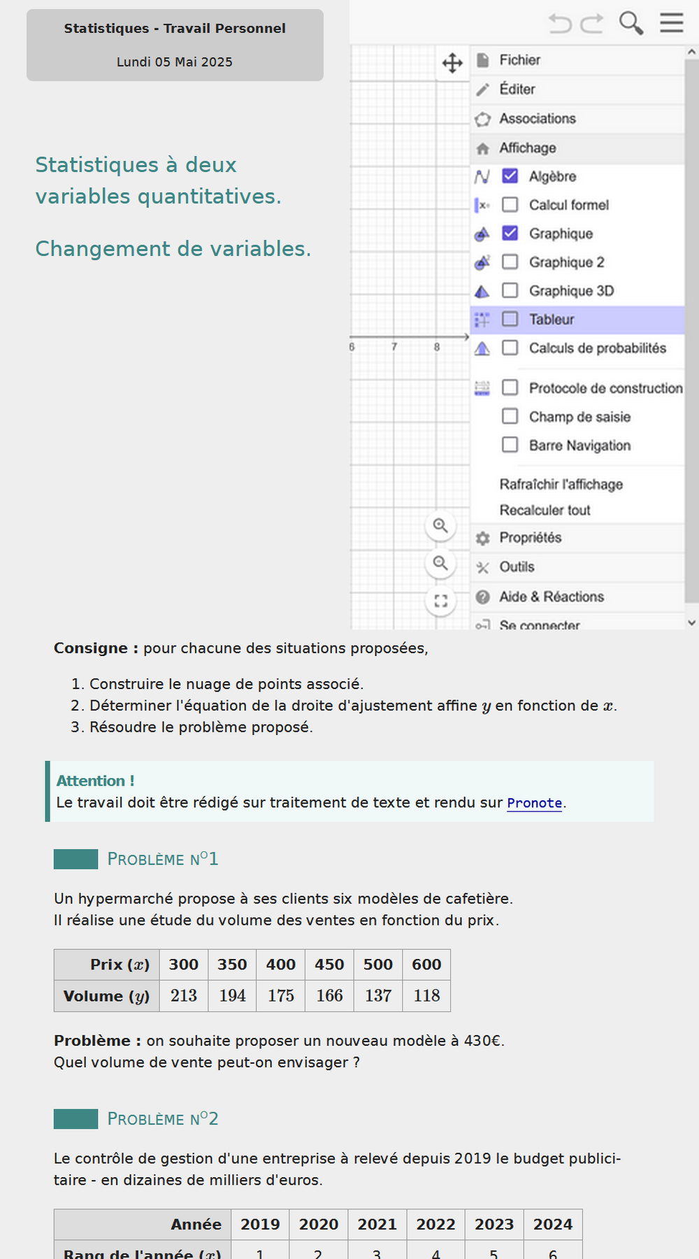 Statistiques à deux variables quantitatives. Changement de variables.
