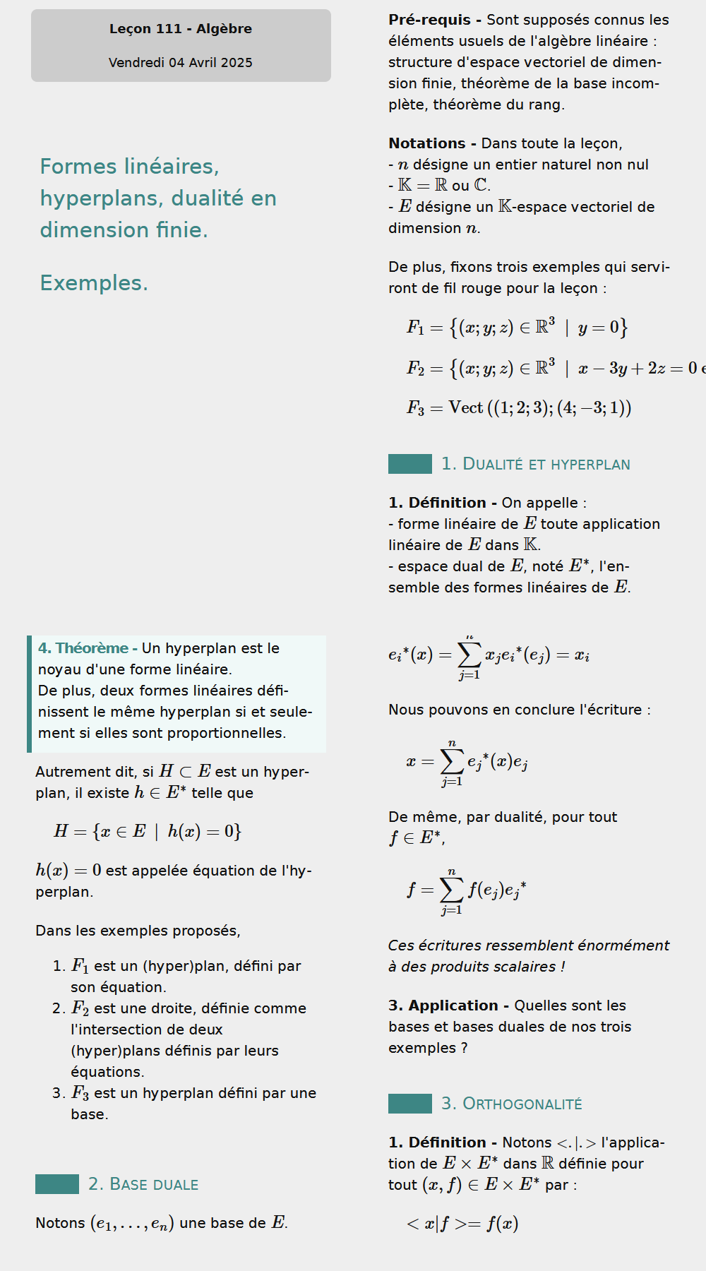 Formes linéaires, hyperplans, dualité en dimension finie. Exemples.