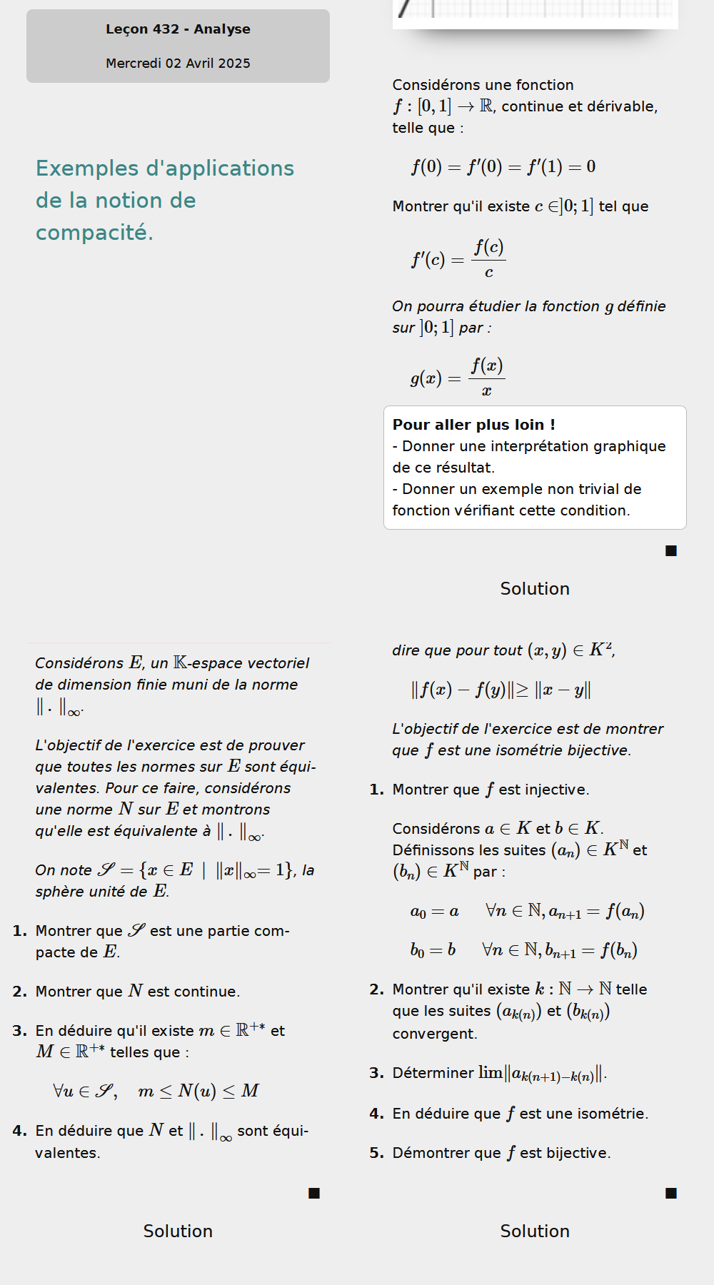 Exemples d'applications de la notion de compacité.